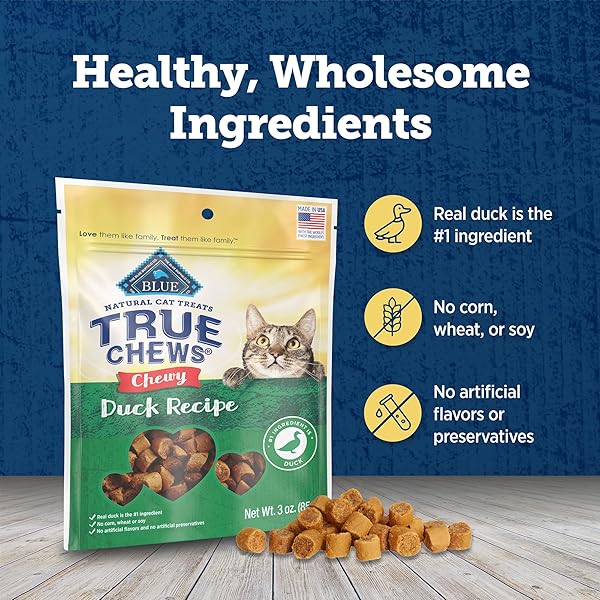 BLUE BUFFALO TRUE CHEWS NATURAL CHEWY CAT TREATS, MADE IN THE USA, DUCK RECIPE, 3-OZ RESEALABLE BAG
