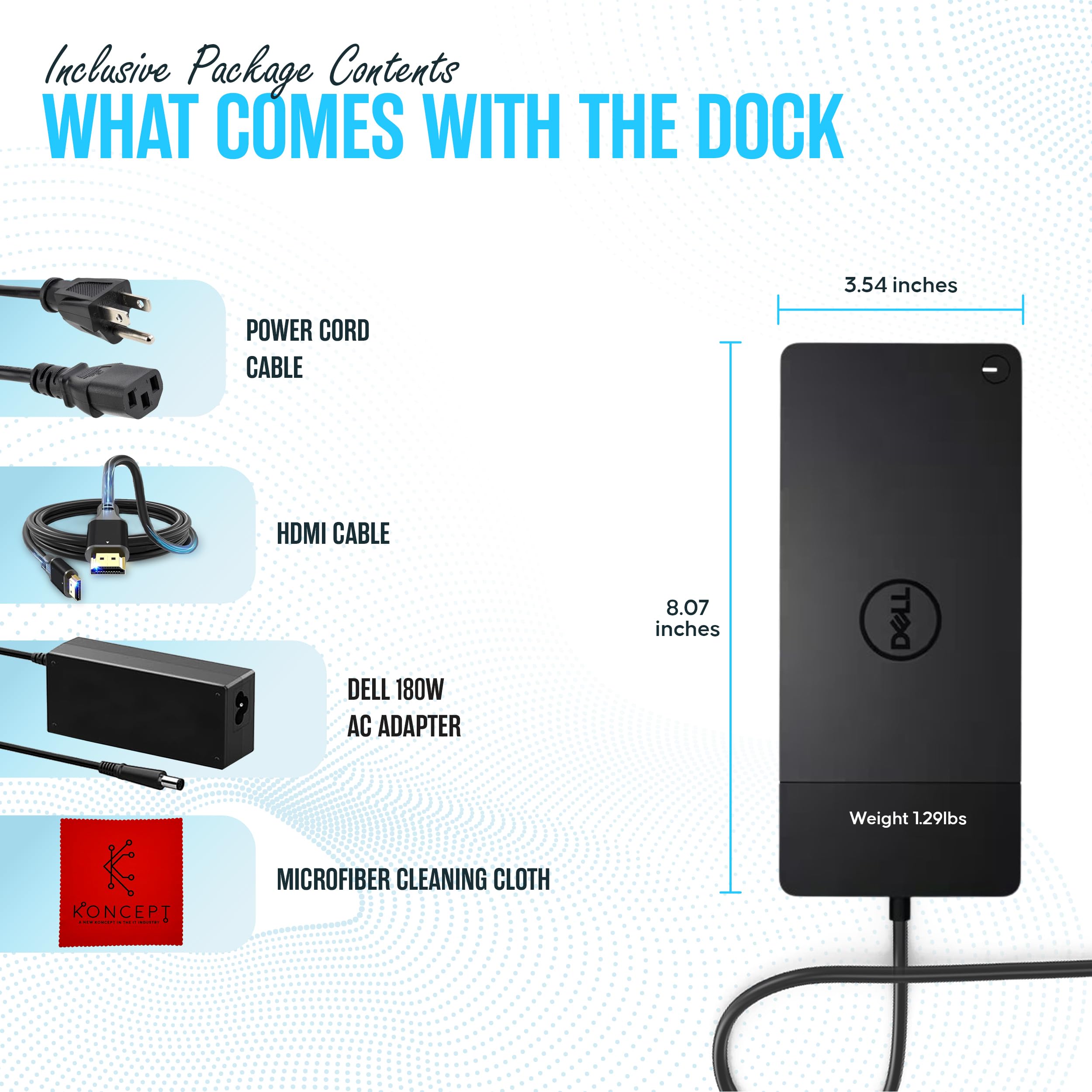 Koncept WD19 for Dell Replacement - USB C Docking Station - Dock Station Dual Monitor with 180W, Power Cord & HDMI Cable, Dual DisplayPort Dell Dock - Laptop Docking Station