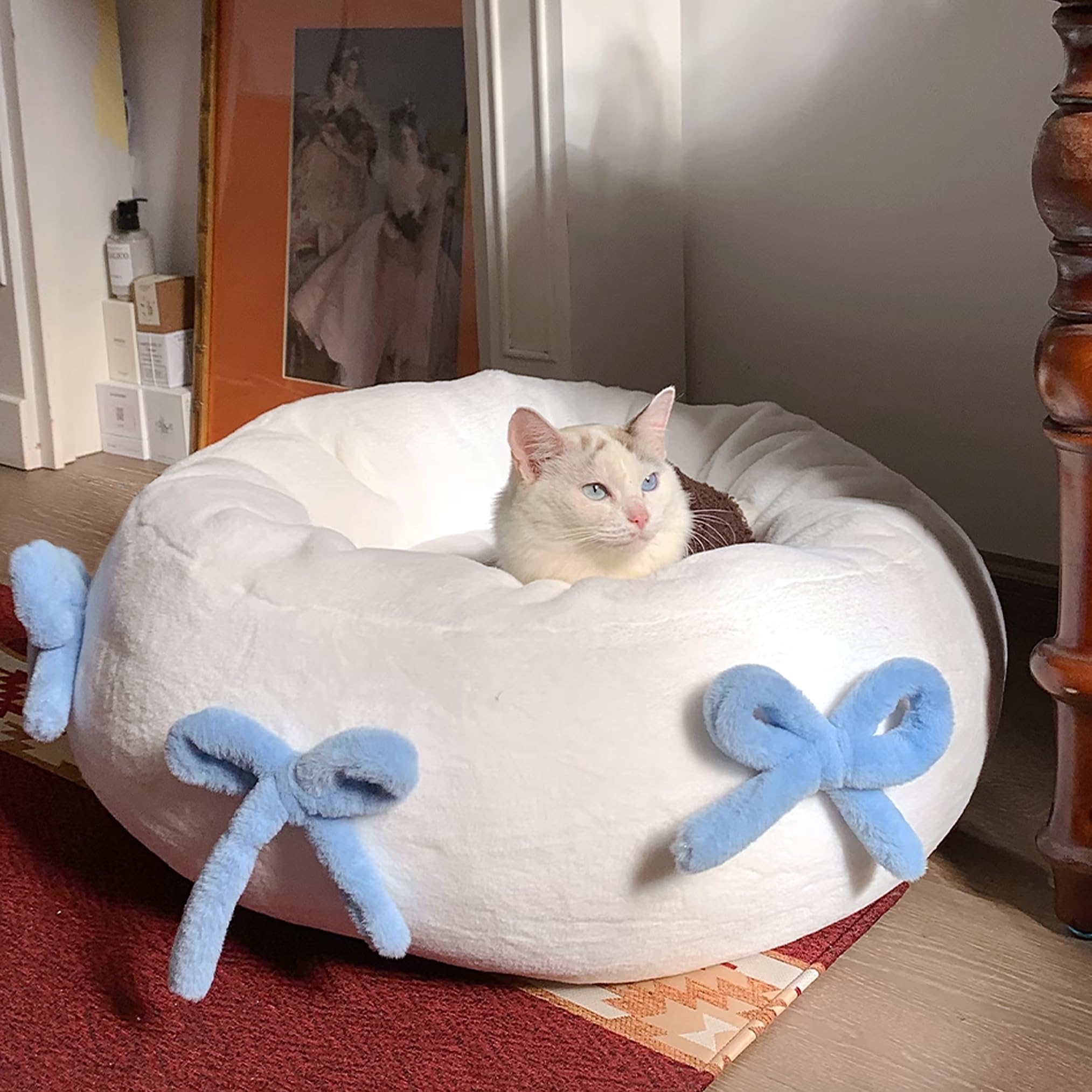 Photo 1 of Purrzone Cat Bed Donut 22 Inches Dog Beds for Indoor Calming, Round Pet Bed for Puppy and Kitten, Washable Cover, Anti Slip Bottom, White, Medium