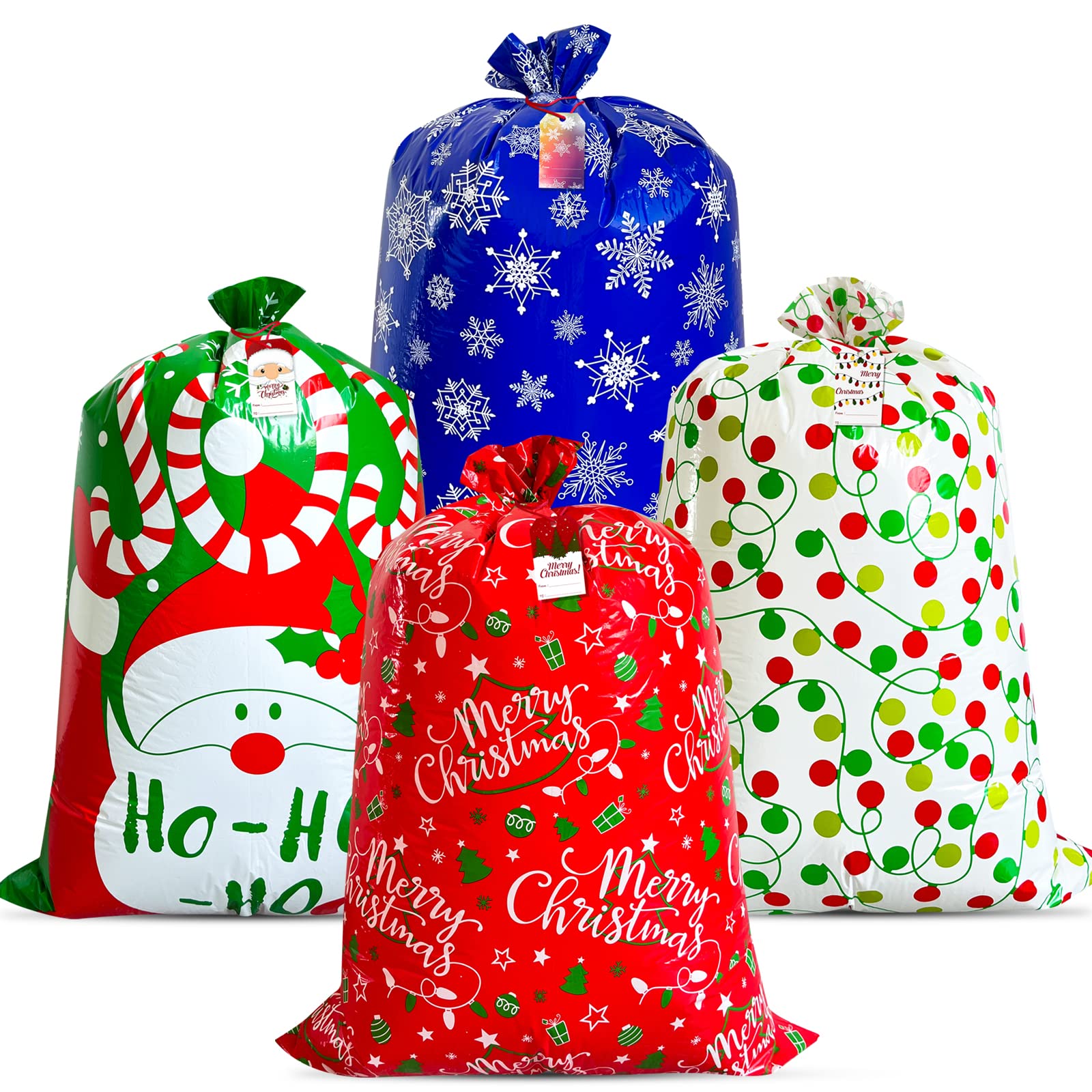 POPGIFTU 4 Pack Christmas Jumbo Gift Bags – 138x92cm Extra Large Plastic Present Sacks for Big Gifts, Heavy-Duty Oversized Holiday Wrapping Bags with Gift Tags & Ties, Reusable Santa Gift Bags