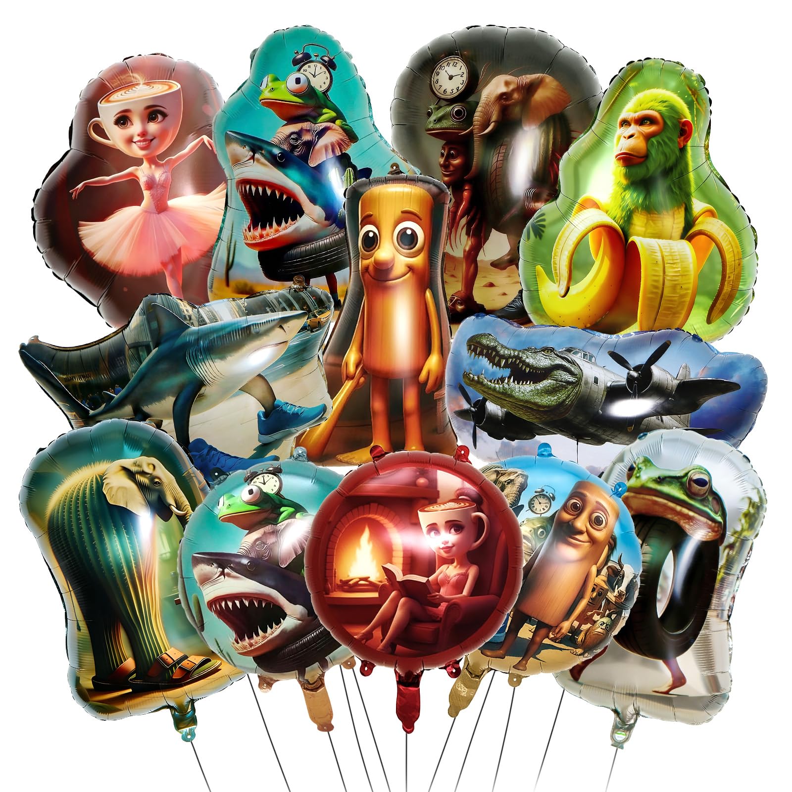 Photo 1 of 12PCS Italian Brainrot Foil Balloons, Italian Brainrot Birthday Decorations, Large Tralalero Tralala & Ballerina Cappuccina Mylar Balloons for Italian Brainrot Theme Party Decor Photo Props Supplies