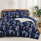 Drucon Comforter Set Queen Size, 7 Pieces Navy Blue Floral Botanical Comforter Sets, Reversible Bed in a Bag Soft Lightweight Microfiber Bedding Sets for All Seasons (90"x90")