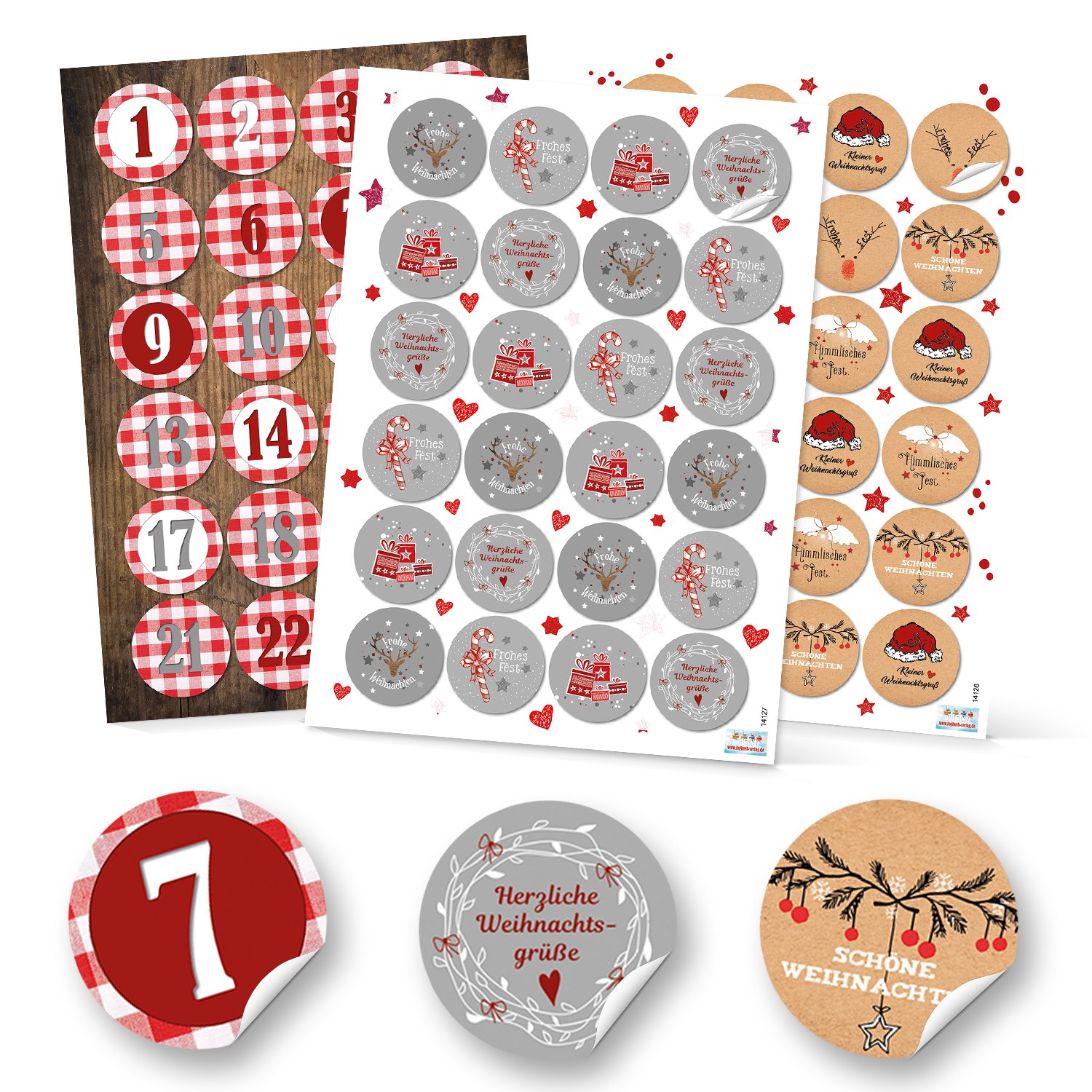 Christmas Sticker Set: 24 Advent Calendar Numbers Checked + 48 Grey White Red Natural Gift Stickers Stickers Happy Christmas Packaging Gift Packaging Christmas