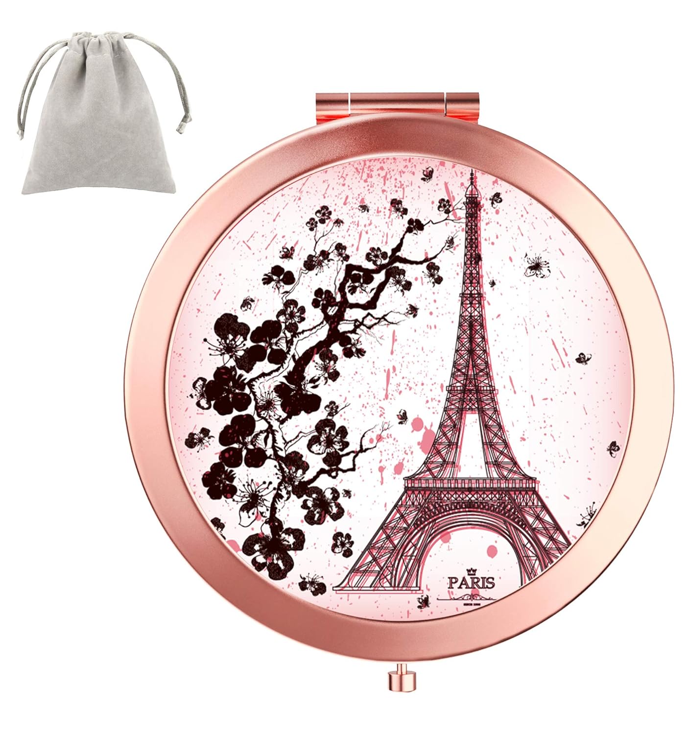 Dynippy Compact Mirror Round Rose Gold MakeUp Mirror Folding Mini Pocket Mirror Portable Hand Mirror Double-sided With 2 x 1x Magnification for Woman Mother kids Great Gift (Eiffel Tower)