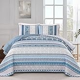 WONGS BEDDING Boho Quilt Set Oversize California King Size, Blue Bohemian 3 Pieces Quilt Sets, Lightweight Bedspread Coverlet Bedding Set for All Season (112"x104")