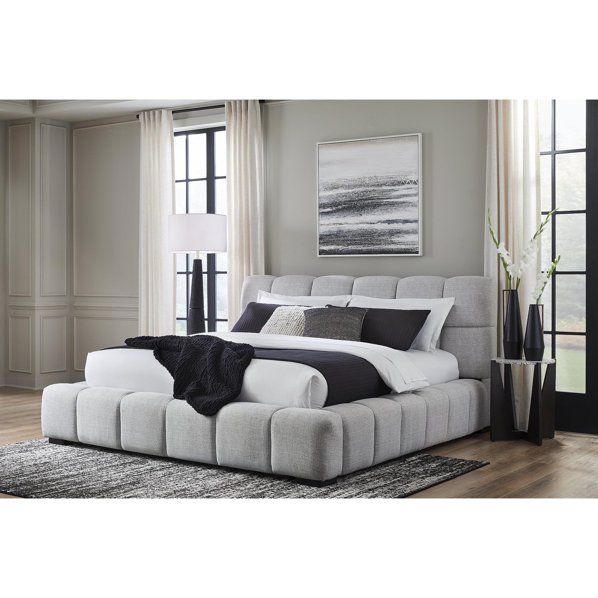 Photo 1 of ***TRUCK/TRAILER PICKUP ONLY//PARTS ONLY***Signature Design by Ashley Jesstean Contemporary Upholstered Bed with Tufted Design, Foundation or Box Spring Not Needed, California King, Light Gray