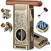 Cigar Lighter, 4 Jet Flame Torch Lighter, Refillable Butane Lighter with Cigar Cutter V Cut Cigar Punch Cigar Holder Cigar Draw Enhancer, Great Cigar Accessories Cool Lighters for Smoking in Gift Box