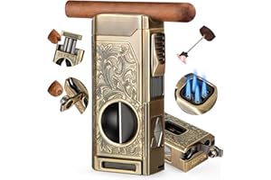 SCOTTE Cigar Lighter, 4 Jet Flame Torch Lighter, Refillable Butane Lighter with Cigar Cutter V Cut Cigar Punch Cigar Holder Cigar Draw Enhancer, Great Cigar Accessories Cool Lighters for Smoking in Gift Box