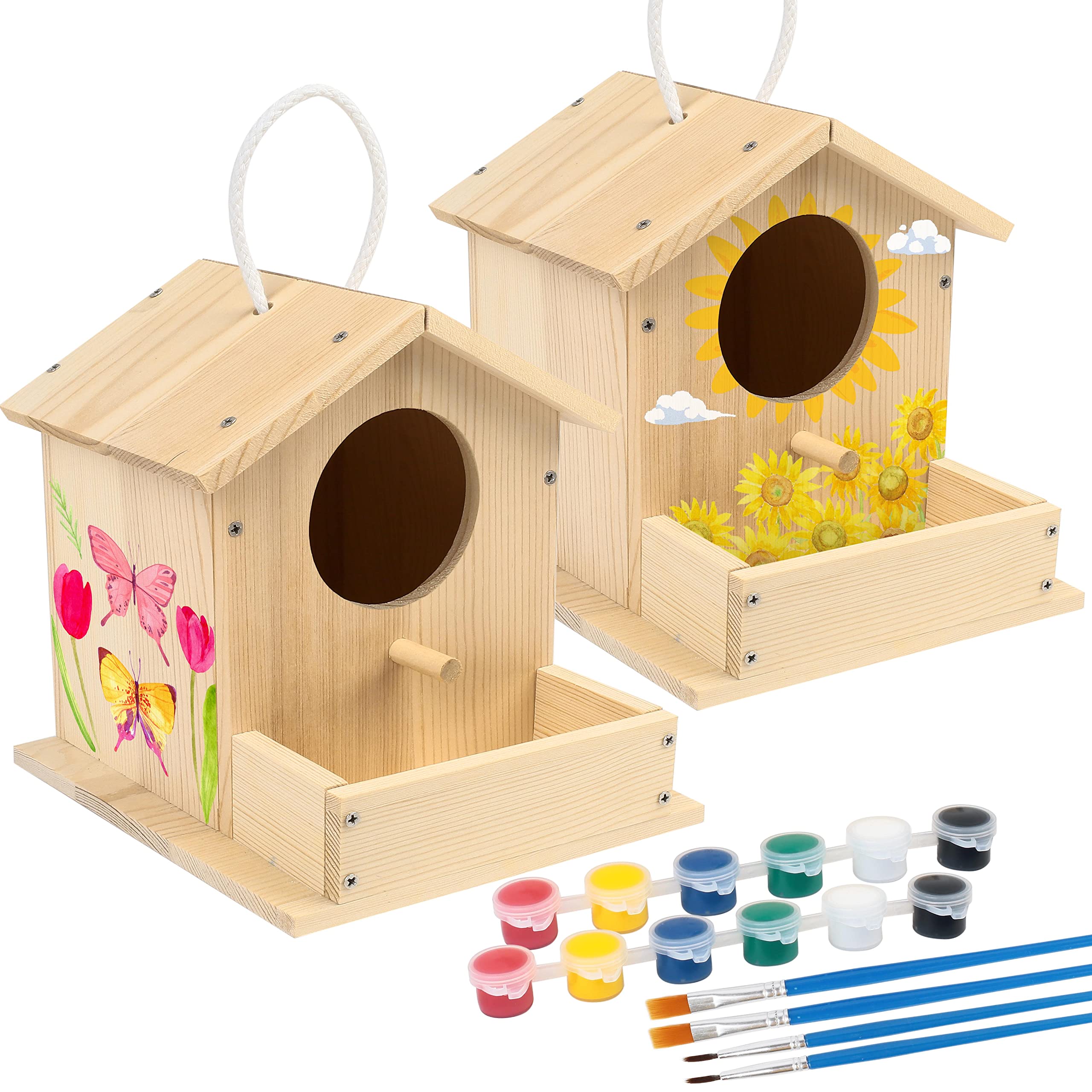 LotFancy Bird House Kits for Kids, 2 Pack, DIY Wooden Birdhouse Building Kit, Bird Box Arts and Crafts for Kids and Adults to Build and Paint, Including Paints and Brushes