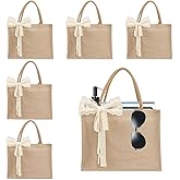 6pcs Burlap Tote Bag Set with Handles, Waterproof Reusable Blank Water Resistant Grocery Bags with Ribbon Large Jute Tote 15.35*6*12 Inch for Women Bridesmaid Gift Beach Shopping Wedding Travel DIY