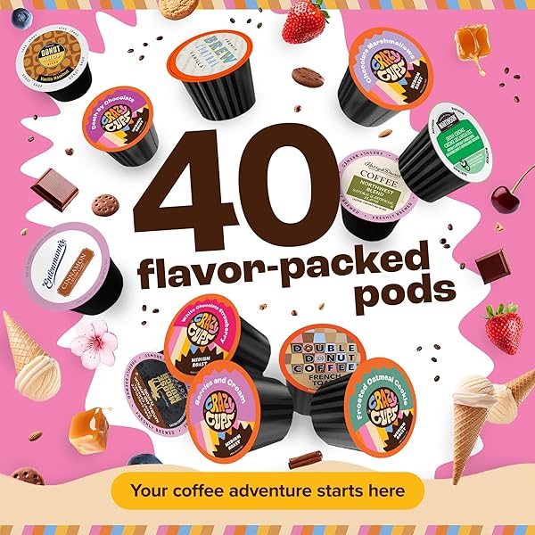 FLAVORED COFFEE PODS VARIETY PACK FOR KEURIG K CUPS BREWERS, ASSORTED FLAVORED COFFEE SAMPLER, 40 COUNT