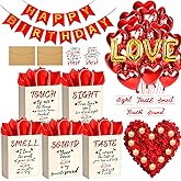 FlorWave 5 Senses Gift Bags for Him with Labels Valentine's Day Five Senses Gift Bags with Rose Petals and Happy Birthday Banner for Valentine's Day Birthdays Weddings Decorations