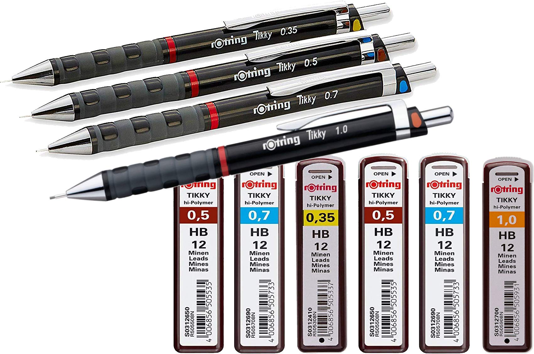 rOtring Tikky Mechanical Pencil Set (Black Barrel, 4-Piece HB 0.7/0.5/0.35/1.0) + 12 Leads 0.35 and 1.0 | 24 Leads 0.5, 0.7
