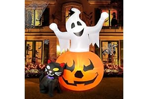 HOPOCO 5 FT Halloween Inflatables Outdoor Spooky Pumpkin and Witch' s Black Cat Combo Inflatable Decor, Halloween Blow Up Yard Decorations Clearance with Build-in LED Lights, Halloween Outdoor Decorations