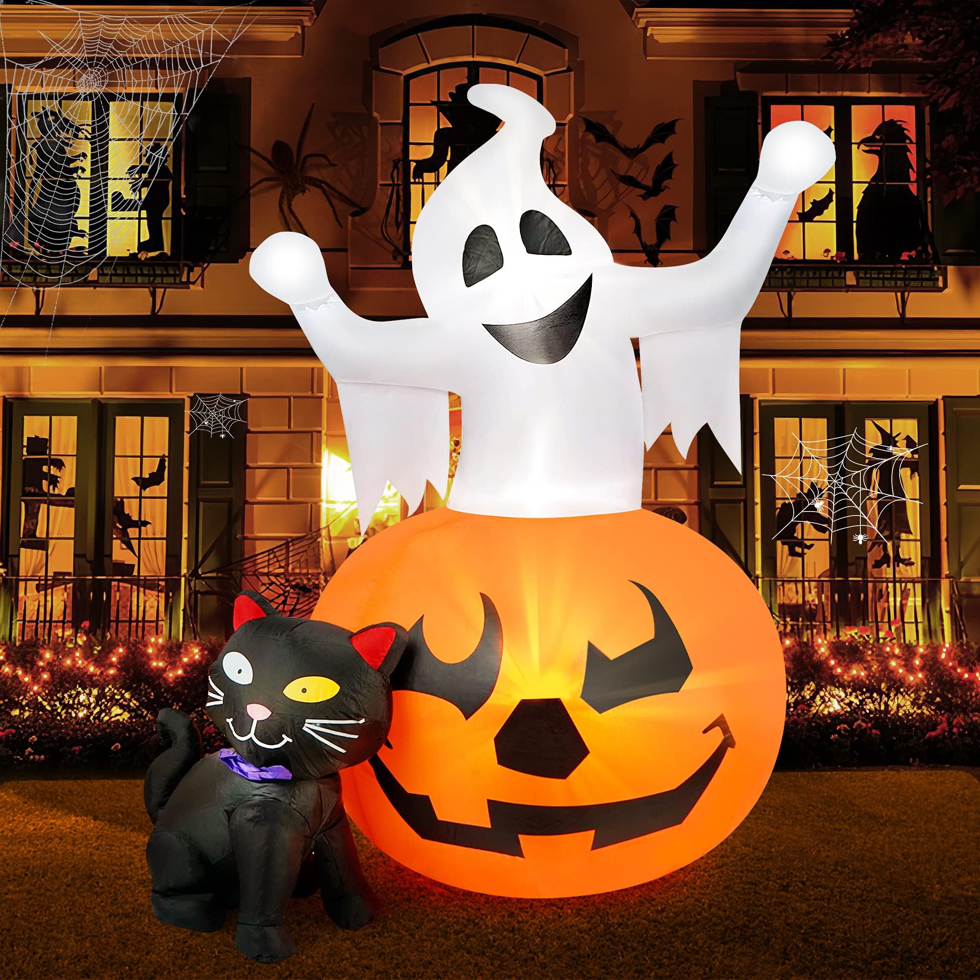 HOPOCO 5 FT Halloween Inflatables Spooky Pumpkin and Witch's Black Cat Combo Inflatable Decor with Build-in LED Lights