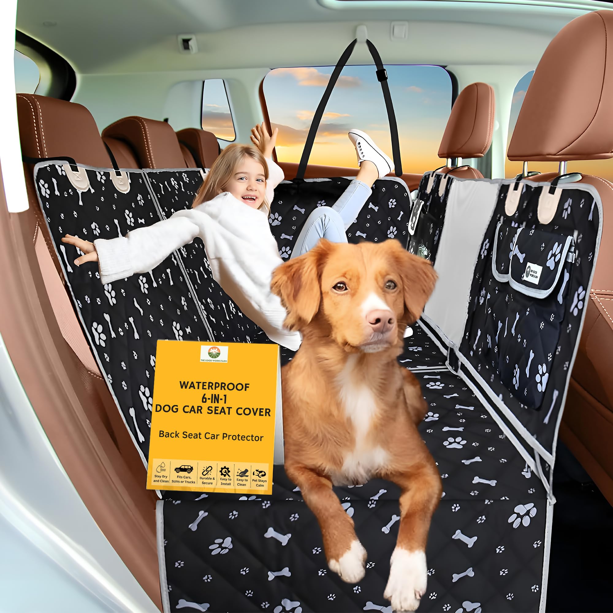 6-in-1 Dog Car Seat Cover, 60/40 Split, Waterproof Hammock With Mesh Window, Non-Slip Protector