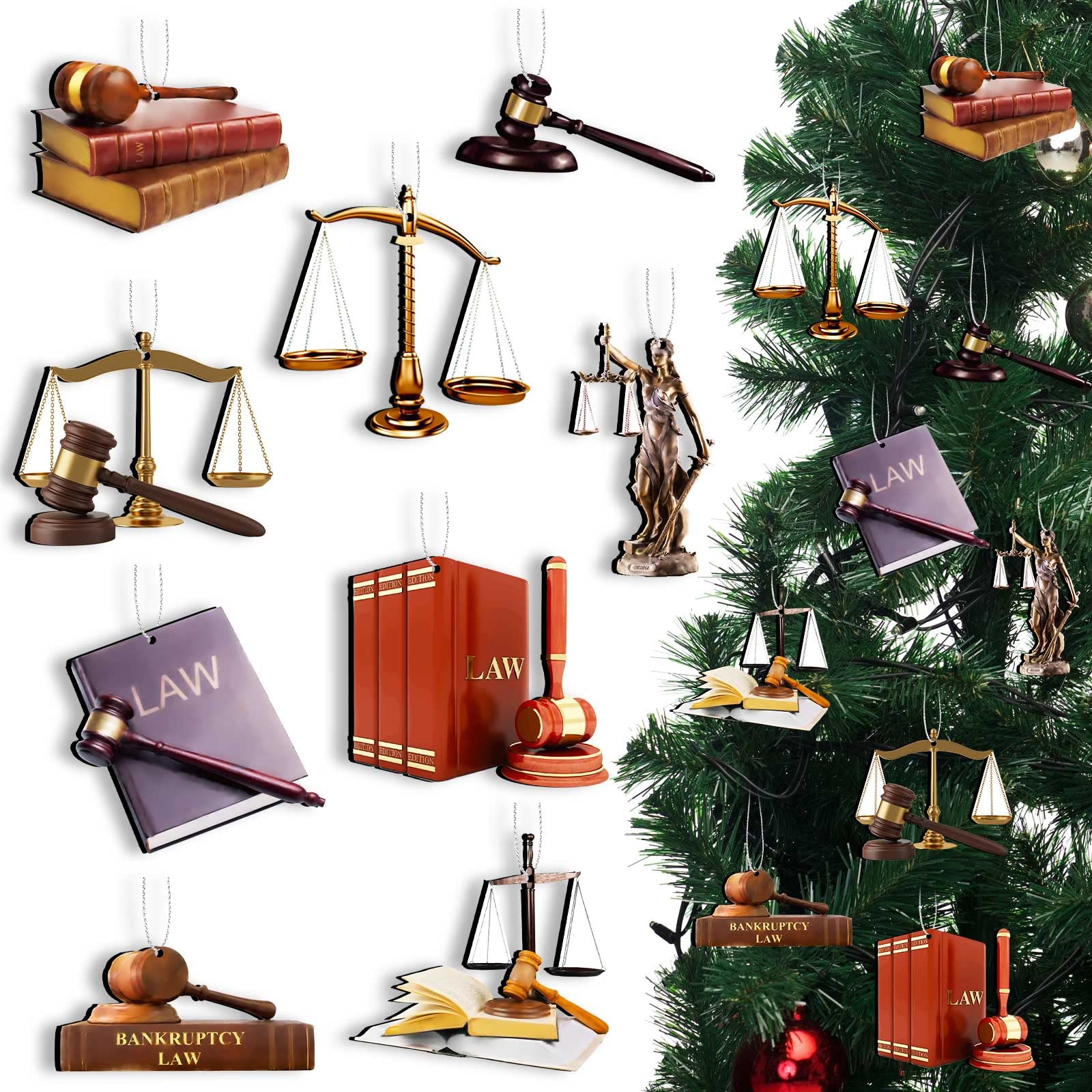 Photo 1 of 27 Pcs Law School Wooden Decor Hanging Scales of Justice Gavel and Block Set Judge Ornament for Lawyers Justice Scales Decor for Christmas Tree Office