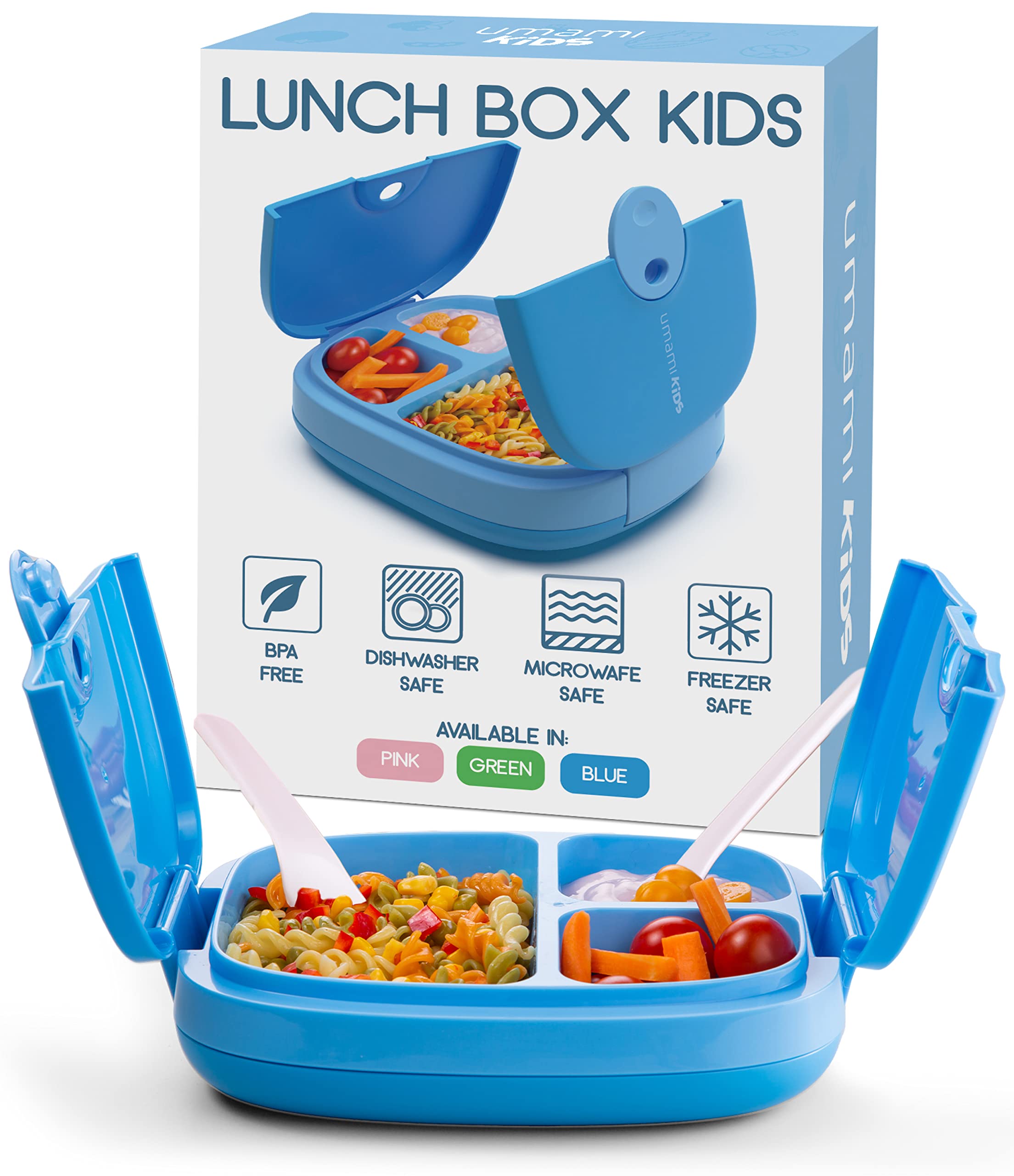 Umami Kids Lunch Box with Cutlery, Leak-Proof, Durable, Bento-Style, 3 Big Compartments, Ideal Portion Sizes for Ages 3 to 9, for Daycare Boys and Girls, BPA-Free, Microwave & Dishwasher Safe (Blue)