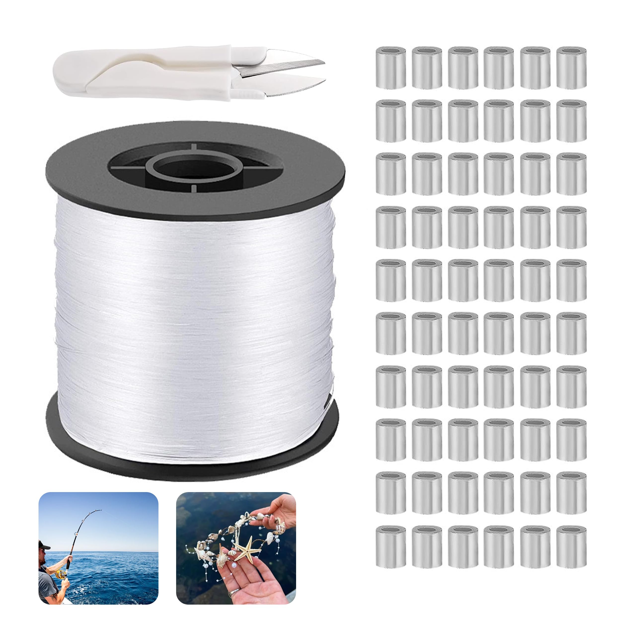 Strong Clear Picture Hanging Wire 200M 0.6mm Nylon Invisible String 120pcs Aluminum Crimping Loop Sleeves Scissor Included Monofilament Fishing Line