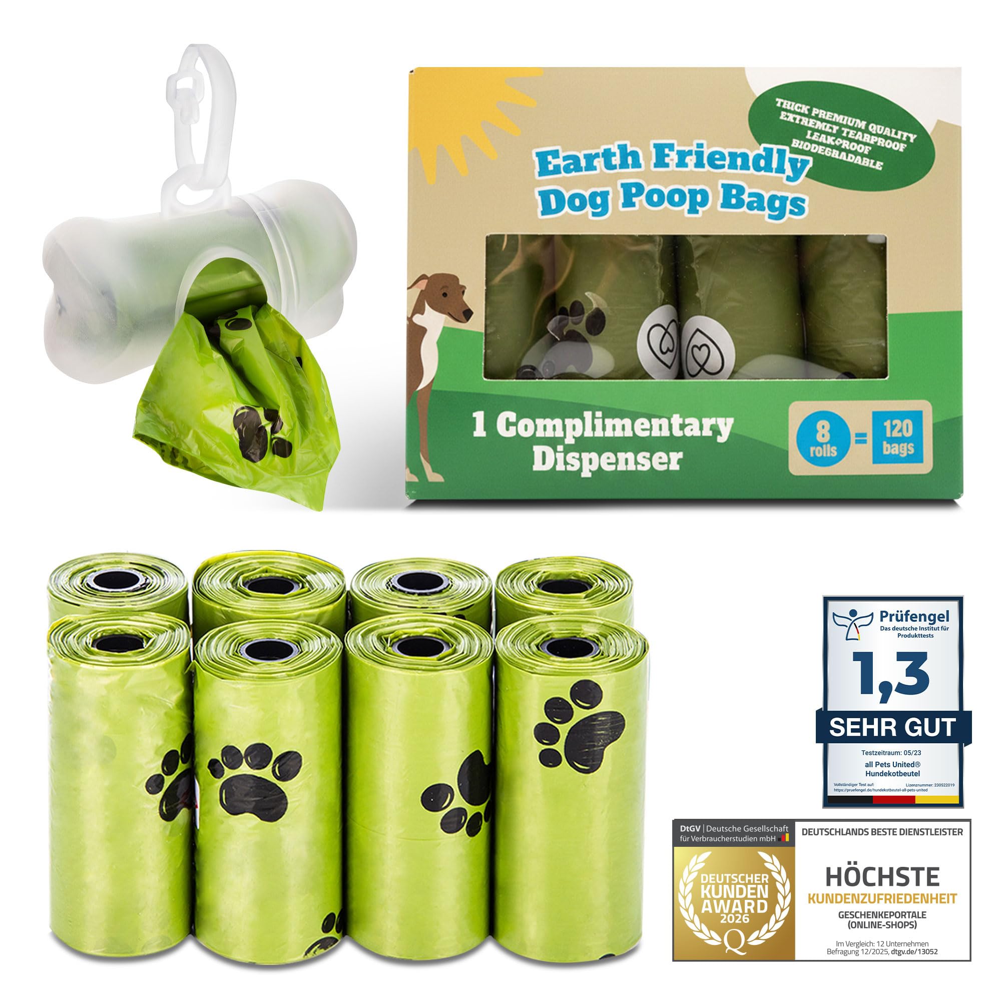 Organic Dog Poop Bags with Compostable Dispenser with 100% Biodegradable Dispenser with Lead Holder (120 Bags: 8 Rolls + 1 Dispenser) — image 1