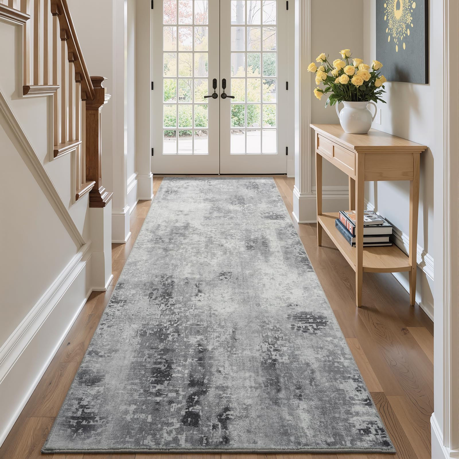 Kelarea Washable Runner Rug, 2'6''x8' Grey Kitchen Rugs Runner with Rubber Backing, Abstract Non-Slip Carpet Runners for Hallways, Kitchen, Bedroom, Laundry, Entrance Image