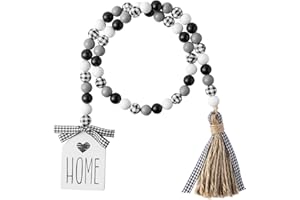 2OOYA 40inch Black&White Plaid Wood Bead Garland with Tassel Rustic Farmhouse Tiered Tray Decorations Country Rustic Wall Hanging Decor Natural Wood Bead Decoration for Home Winter Christmas