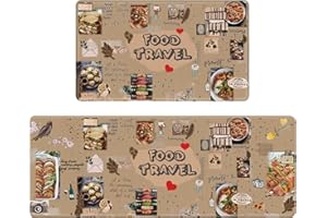 Hoikwo Anti Fatigue Kitchen Mats, 2 PCS Cushioned Food Travel Theme Kitchen Rugs, 17’’x47’’+ 17’’x29’’ Non Slip, Shatterproof and Soft Floor Mat Set for Laundry, Office, Sink