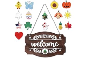 Jetec Welcome Door Sign Christmas Decor Fall Sign Seasonal Front Door Rustic Wood Welcome Sign Wall Hanging Porch Easter Interchangeable 14 x 9 Inch