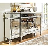 Benton Collection 60" Silver Wood Frame Mirrored Panels Andrea Storage Sideboard Buffet Cabinet for Living Room