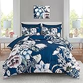 Luxudecor Floral Comforter Set King Size 7 Piece, Navy Flower Bed in a Bag, Elegant Comforter Bedding Set for All Season (Navy, 104"x90")