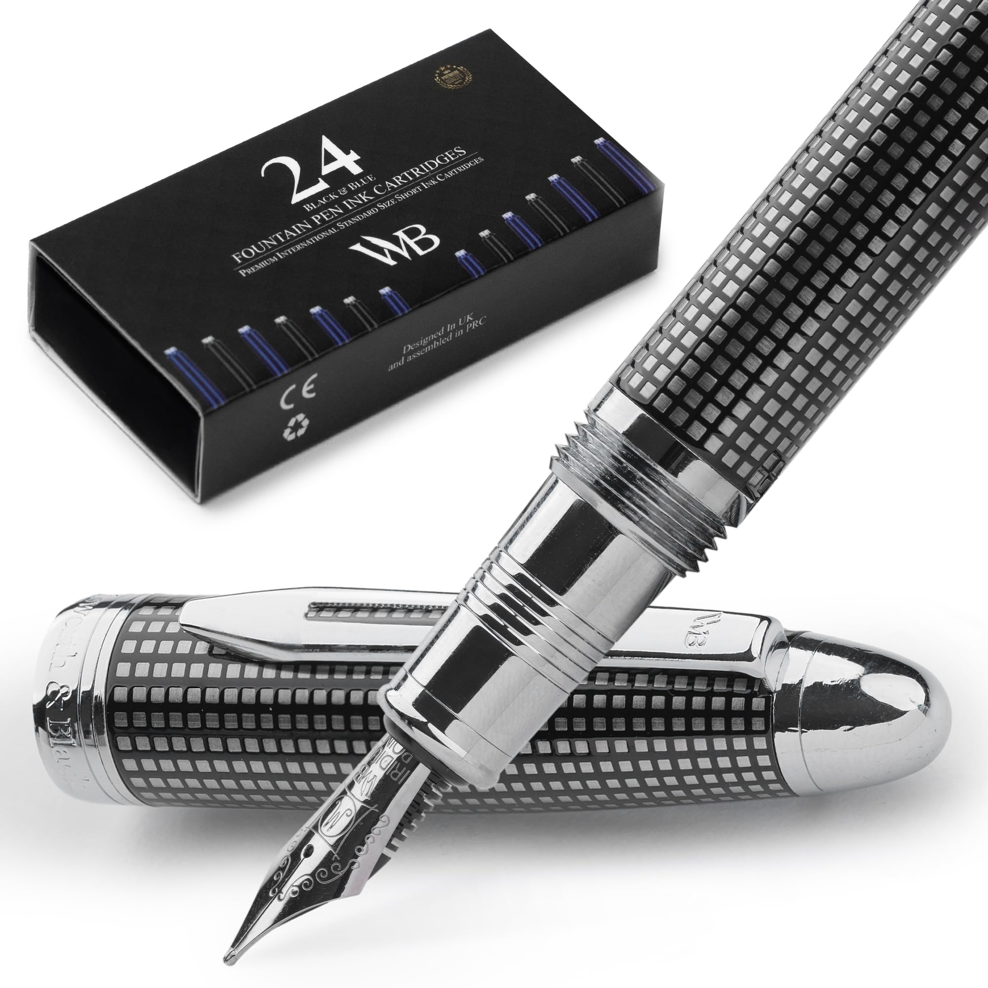 Wordsworth & Black Majesti Fountain Pen-(Black Checked), Luxury Case, Stainless Steel; Medium Nib- Ink Cartridges, Refillable Ink Converter-Calligraphy Pen-Best Business Gift Set for Men & Women