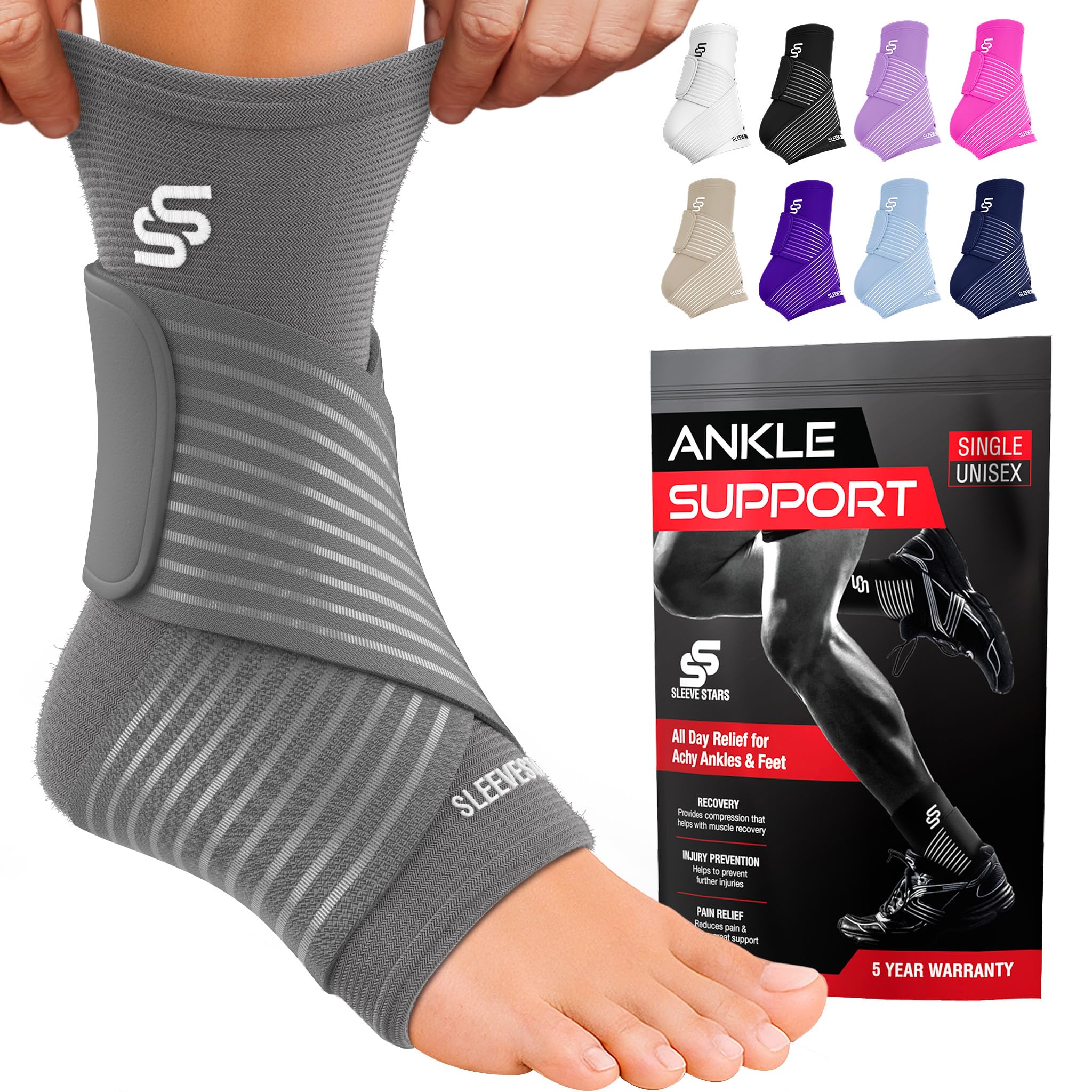 Sleeve Stars Ankle Brace for Women & Men, Ankle Wrap for Sprain, Compression Sleeve for Plantar Fasciitis Relief, Easy Customizable Support: w/Removable Strap (Single/M:10"-12"/Gray)