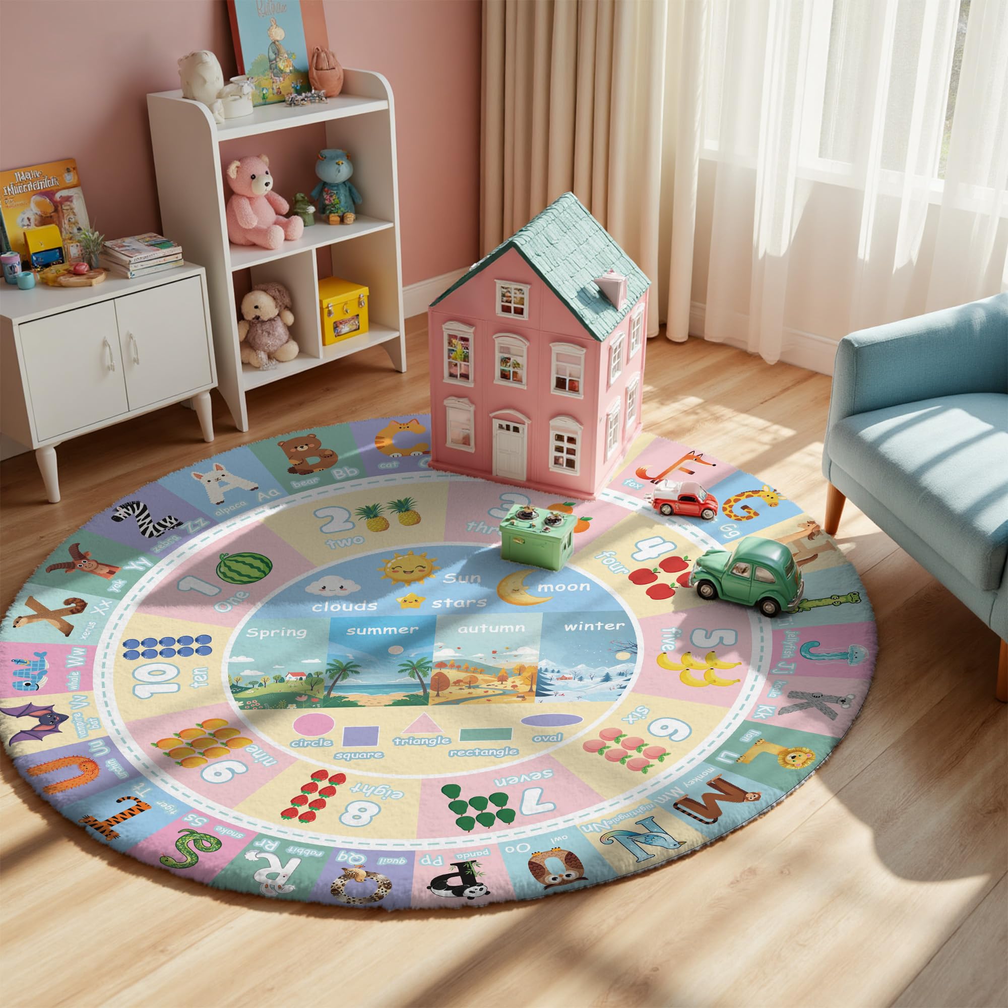 3.3ft Round Kids City Road Car Play Rug - Non-Slip Faux Wool Carpet with Interactive City Map Design, Educational Toy Vehicle Mat for Kids, Bedroom Playroom Nursery Gift.