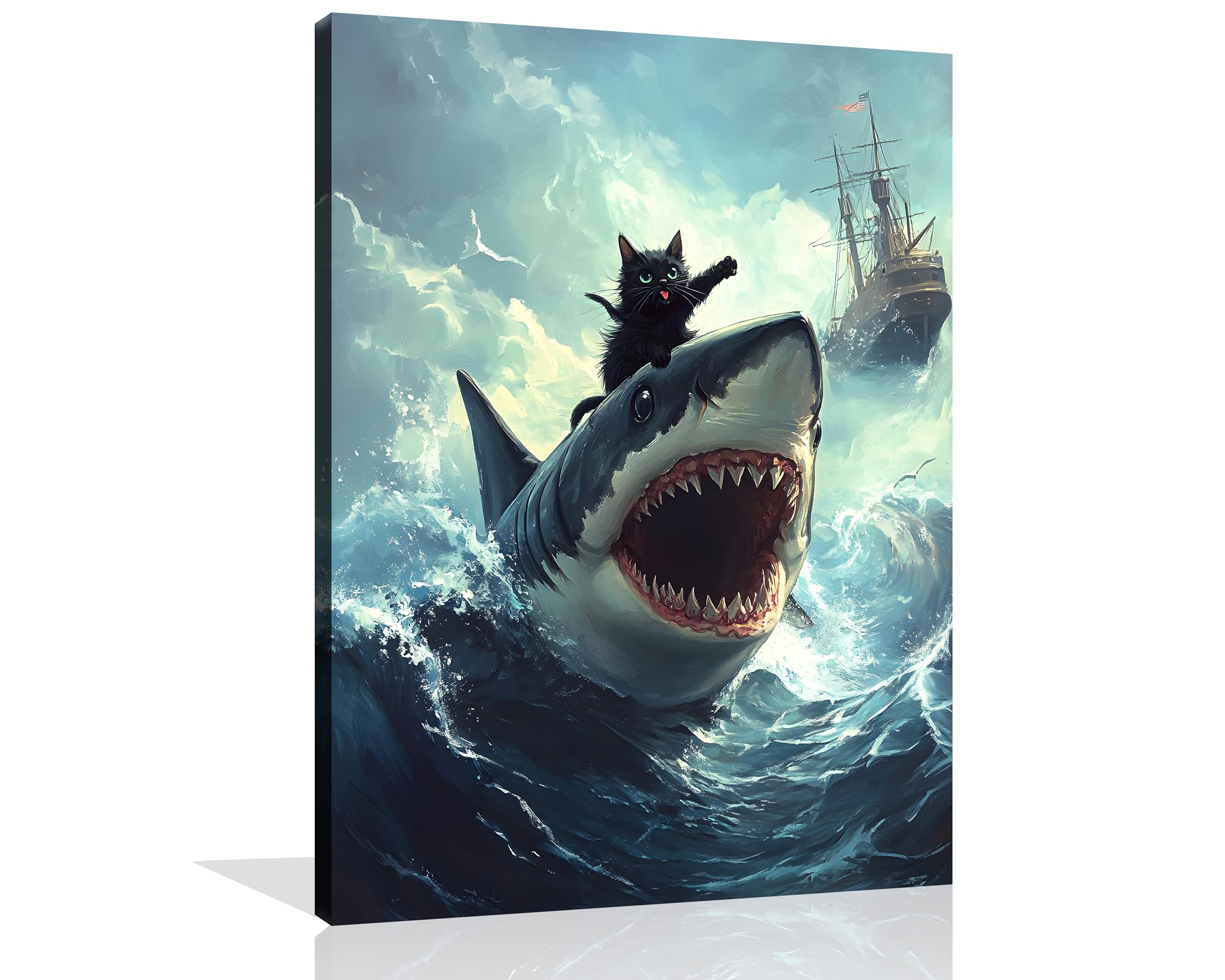 Photo 1 of OWNANRTHM Black Cat Canvas Wall Art Cat Riding Shark Poster Funny Quirky Cat Biting Shark Painting Funny Kitten Wall Art Vintage Gothic Kitten Picture for Living Room Bedroom Wall Framed 12X16 inch