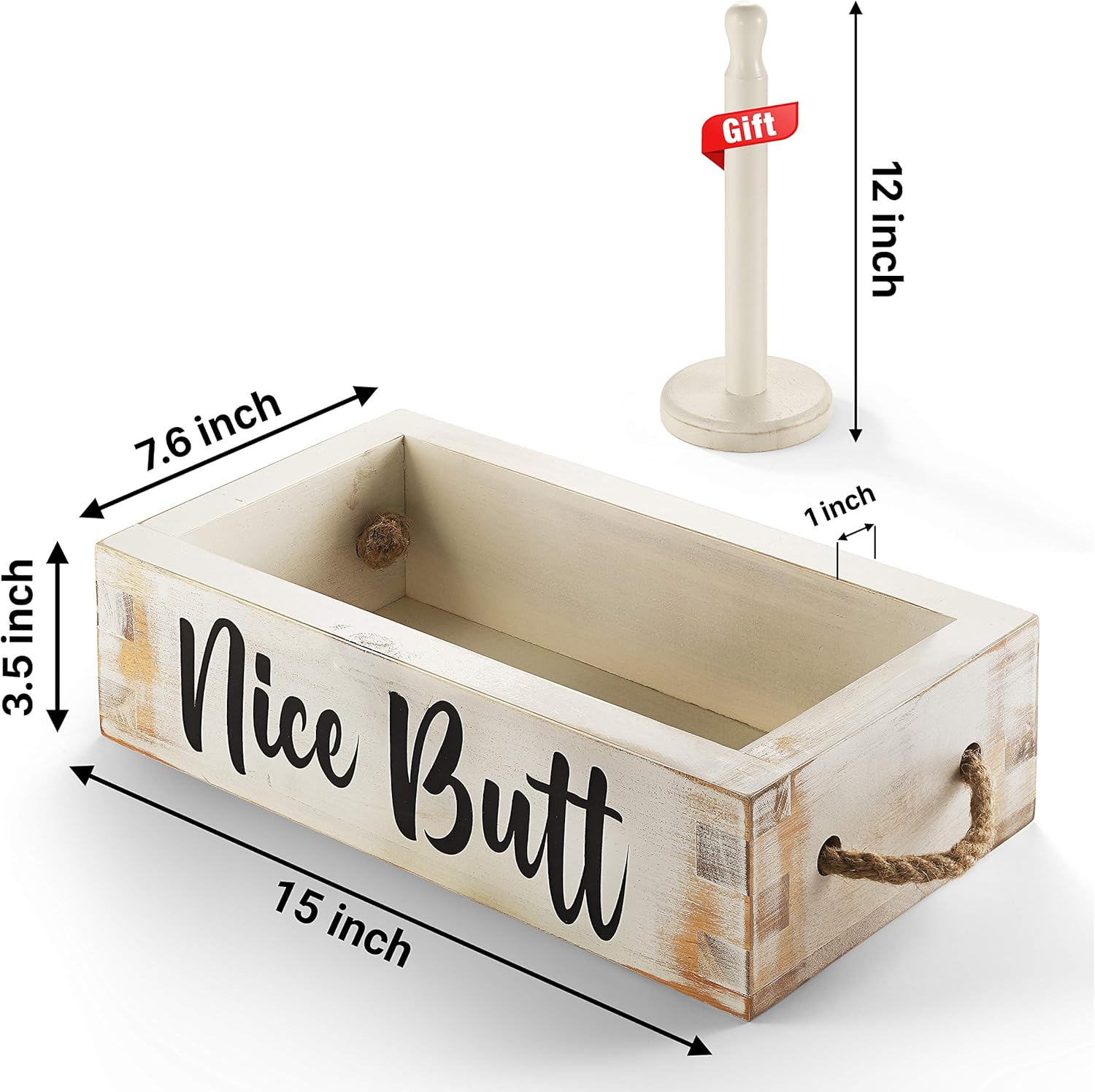 CABASAA Nice Butt Bathroom Decor Box, 2 Sided Funny Toilet Paper Holder, Farmhouse Rustic Wood Organizer, Funny Home Decor, Wooden Crate with Rope Handles (White): Home & Kitchen