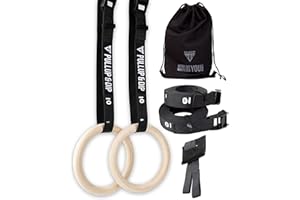 PULLUP & DIP Premium Gymnastic Rings, Wooden Gym Rings for Calisthenics - Wide Straps with Length Markings + Door Anchor + Carry Bag + Exercise Guide, Calisthenics Rings