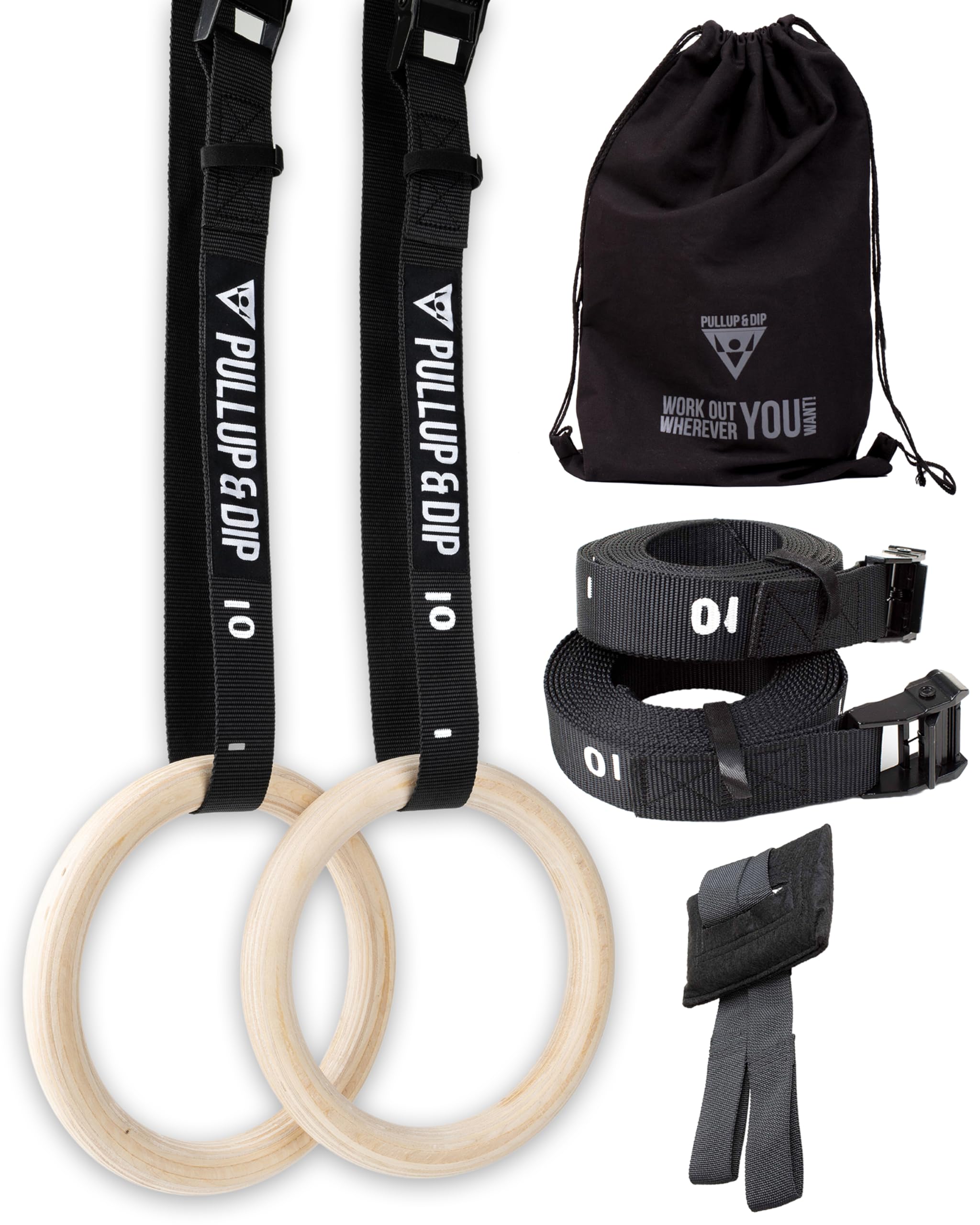PULLUP & DIP Premium Gymnastic Rings, Wooden Gym Rings for Calisthenics & Crossfit - Wide Straps with Length Markings + Door Anchor + Carry Bag + Exercise Guide, Calisthenics Rings