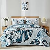 Yogeneg Queen Quilt Bedding Set,White Green Botanical Pattern Light Blue Full/Queen Quilt Set,3 Piece Lightweight Soft Summer Bedspread Coverlet with 2 PIillow Shams,All Season(Light Blue,90"x96")