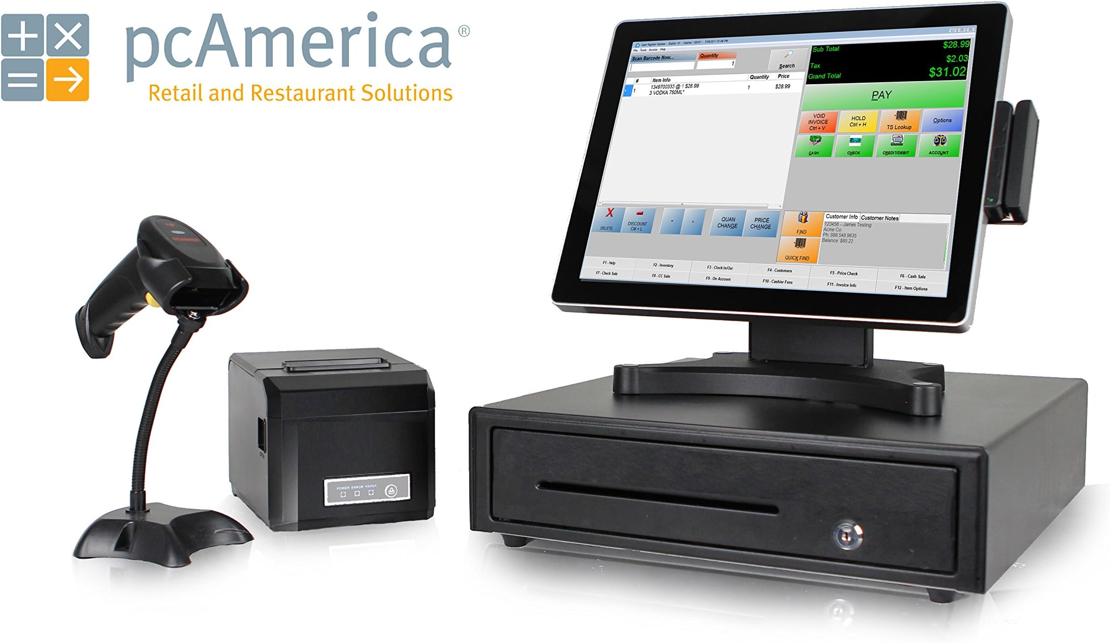 Retail Point of Sale System - includes 7" LCD Customer Display, Touchscreen PC, POS Software (CRE), Receipt Printer, Scanner, Cash Drawer, and Credit Card Swipe Reader