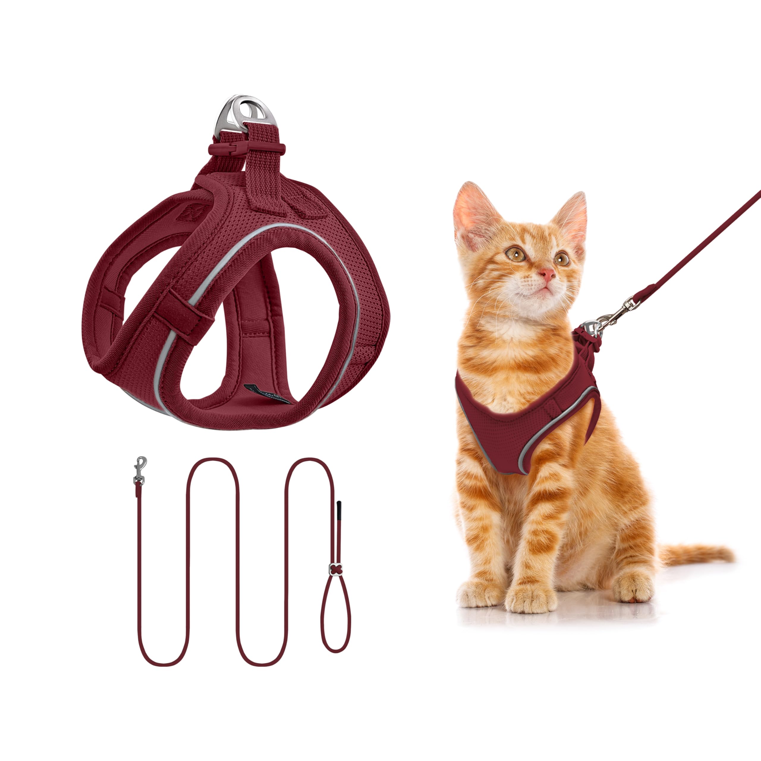Qianruida Cat Harness and Leash, Adjustable Reflective Breathable Soft Mesh Vest for Small Dogs and Cats for Walking Running Training (Burgundy XXXS)