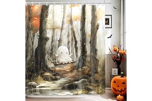 MEHOFOND Halloween Shower Curtain Cute Ghost on Swing Moonlit Forest Shower Curtains for Bathroom Halloween Vintage Spooky Funny Bathtub Decorative Waterproof Fabric 72x72 Inch