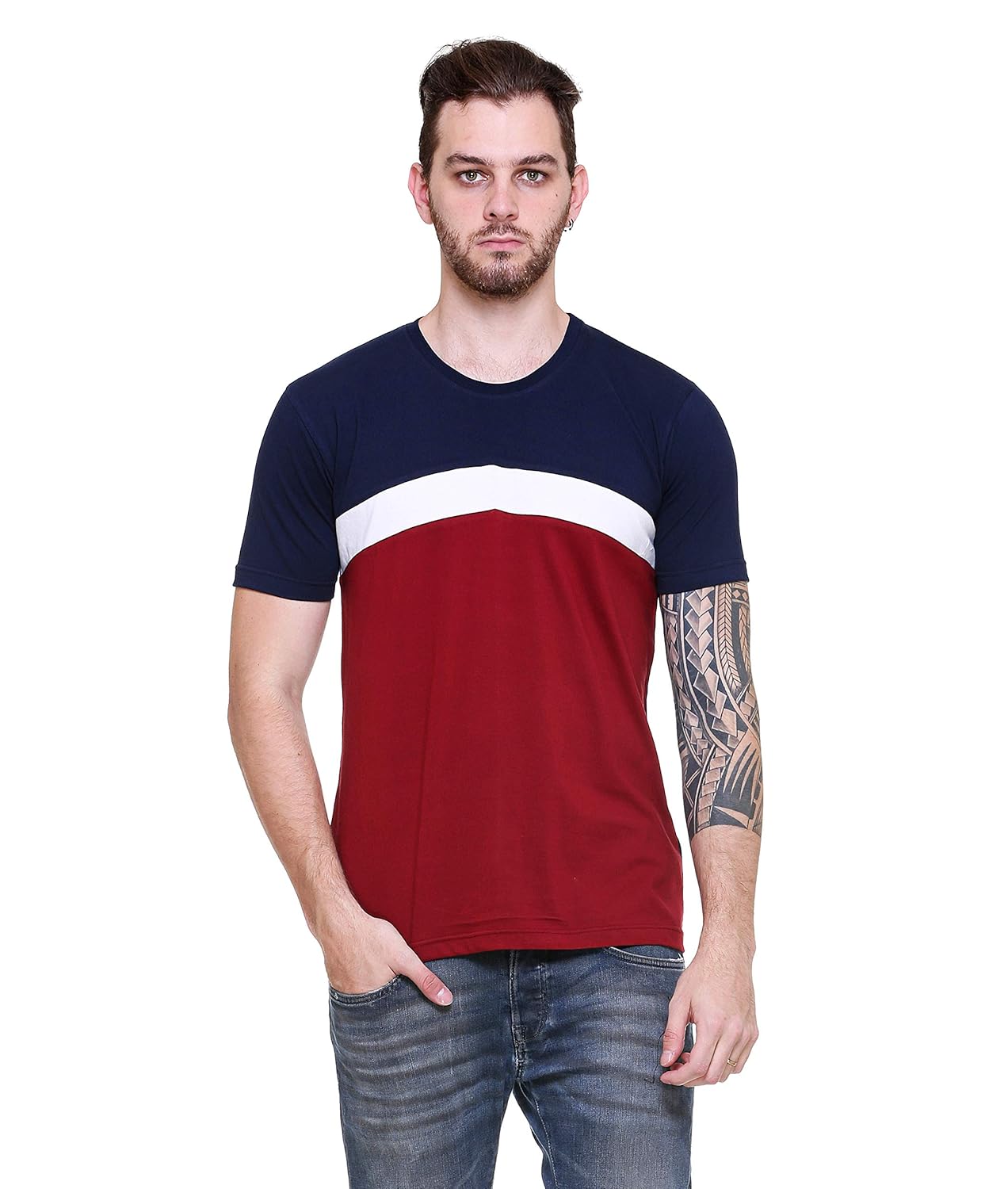 red blue white t shirt