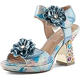 Spring Step L'Artiste Women's SMASHING Metallic Leather Sandals - Opulent Decorative Flowers, Sculpted Jewel Heel, Wearable Art Footwear