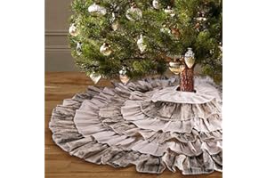 yuboo Ruffle Farmhouse Christmas Tree Skirt, 48 inches Burlap 6-Layer Fall Farmhouse Christmas Decor for Tree Ornaments Decorations (Brown and Linen