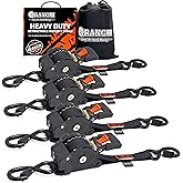 ORANGEE® 4 Pack Heavy Duty Auto Retractable Ratchet Strap 1IN x 10FT Perfect for Securing Cargo, Motorcycle & Boats Min. Breaking Strength 2,000LBS Per Strap - Black