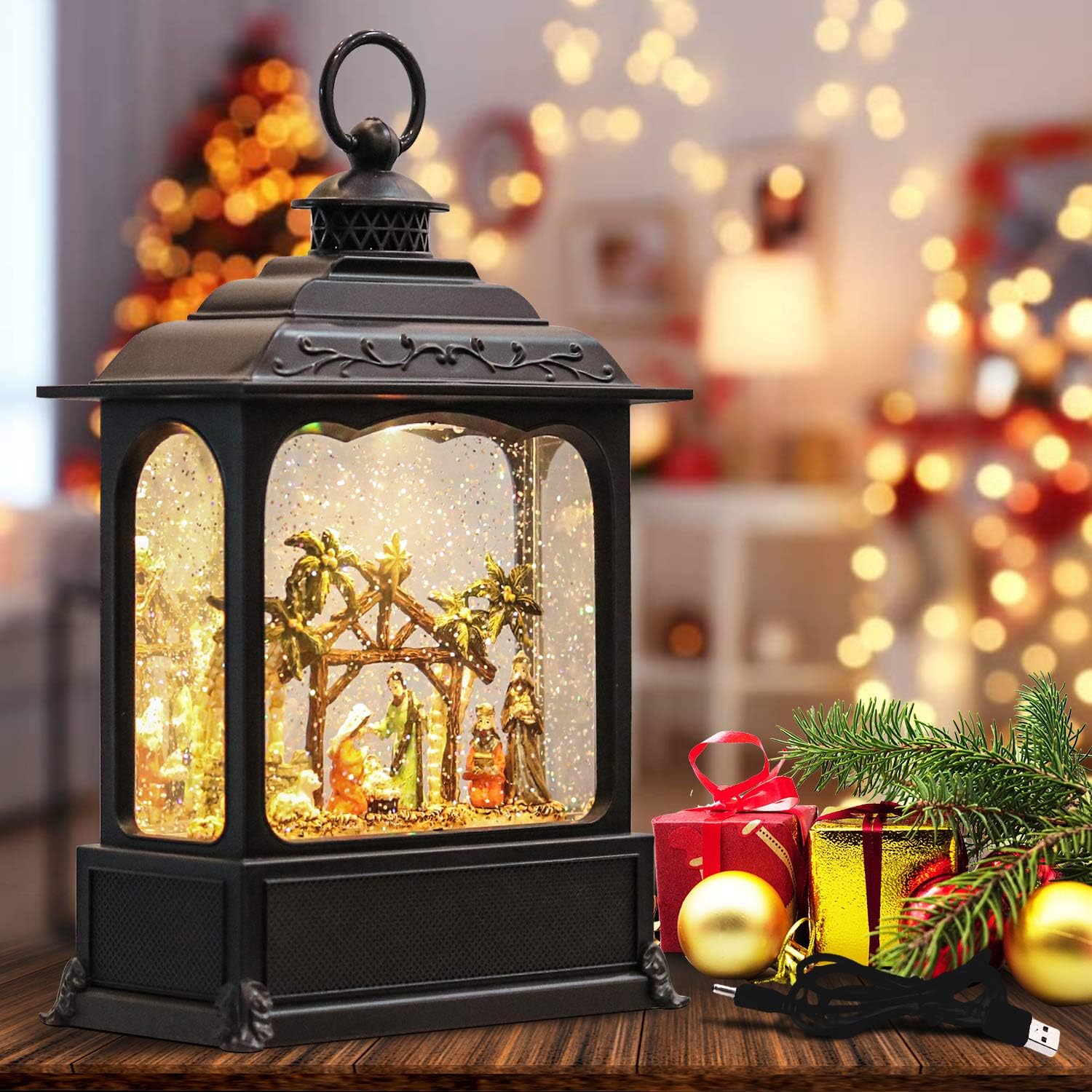 Snow Globes - Wondise Christmas Musical Snow Globe Lantern with 6 Hour Timer, 11.2 Inch USB Cord & Battery Operated Spinning Water Glitters Lighted Singing Snow Globe Lantern Christmas (Nativity)
