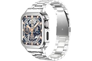 HEYZONE Metal Band Compatible with Apple Watch Band 44mm 45mm for Series SE/SE2 9 8 7 6 5 4,Stainless Steel iWatch Band with Bumper Case for Men,iWatch Strap with Metal Protective Cover