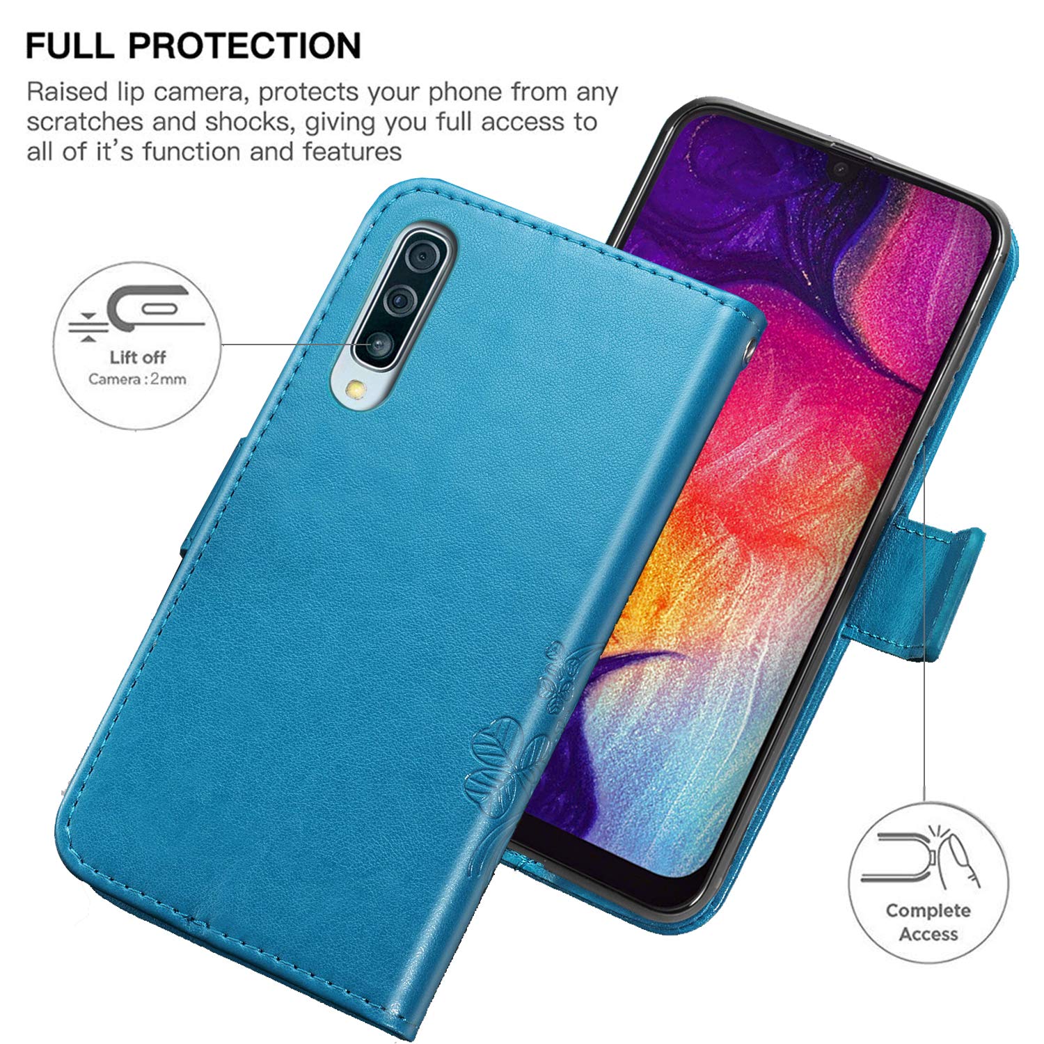 Halnziye Case for Samsung Galaxy A50, Magnetic Closure Soft TPU Flip Leather Wallet Phone Case with Kickstand Card Slots Designed for Samsung Galaxy A50 Cover - Blue