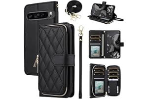 ELISORLI Argyle Wallet Case for Google Pixel 9/9 Pro 5G with Wrist Strap Shoulder Strap, 9+ Card Slots Zipper Purse Luxury PU