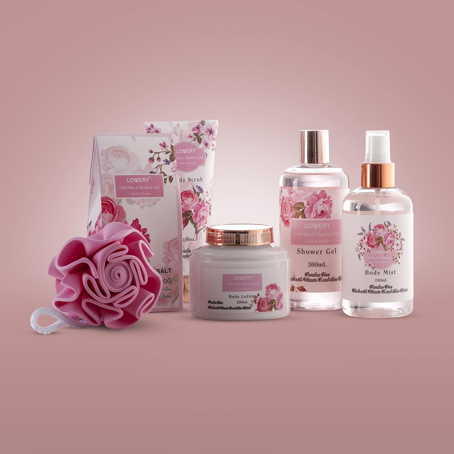Home Spa Gift Basket - Wild Rose & Raspberry Leaf Scent - Luxurious 7 Piece Bath & Body Set For Men/Women, Contains Shower Gel, Body Lotion, Body Scrub, Bath Salt, Body Mist, Bath Puff & Shower Caddy : Beauty